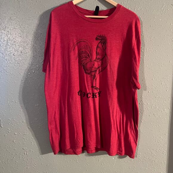 Red Unisex "COCKY" T Shirt With a Rooster on the front & Mason Jar on sleeve - Picture 2 of 9